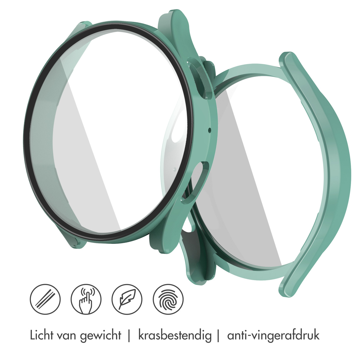 Horlogekastbeschermers, groen. Toont twee koffers, één met schermbeschermer. Wit.