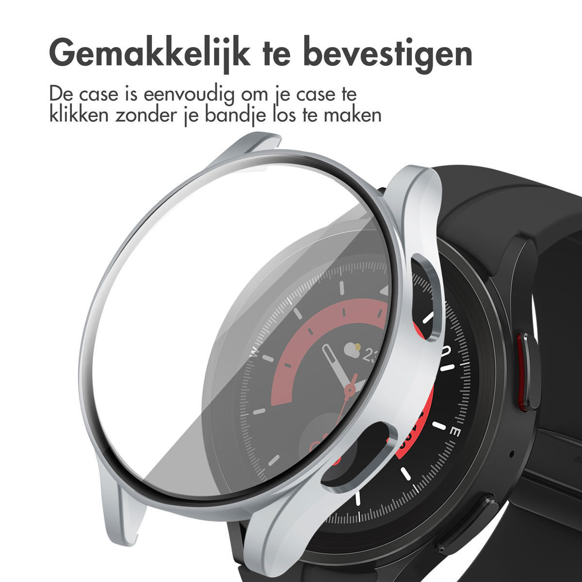 Zilveren horlogekast op een zwart horloge. Tekst geeft aan dat het gemakkelijk te bevestigen is.