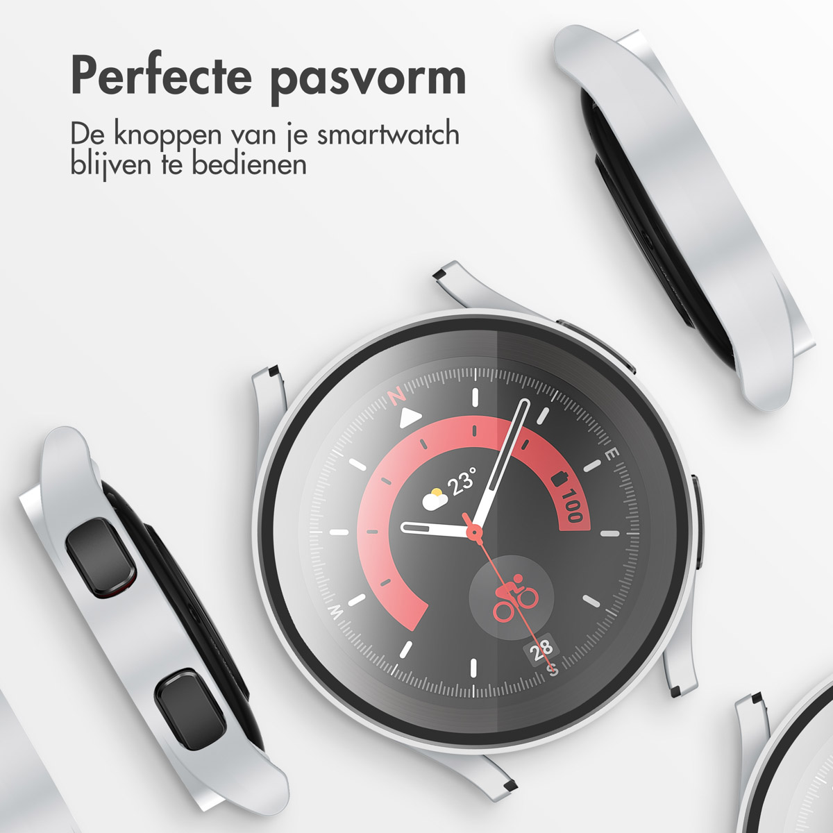 Smartwatch met zilveren behuizing en zwarte knoppen. Toont een rode en blauwe wijzerplaat.