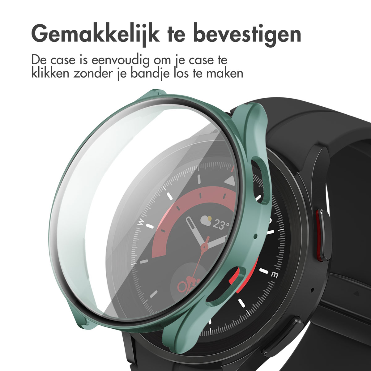 Smartwatch met groene hoes, toont de wijzerplaat met een rode wijzerplaat.