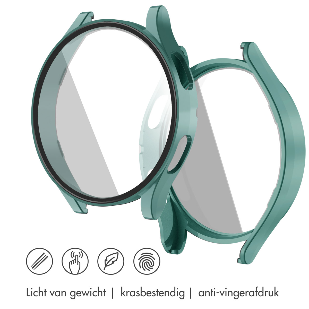 Twee turquoise smartwatch-hoesjes. Iconen: krasbestendig, lichtgewicht en anti-vingerafdruk.