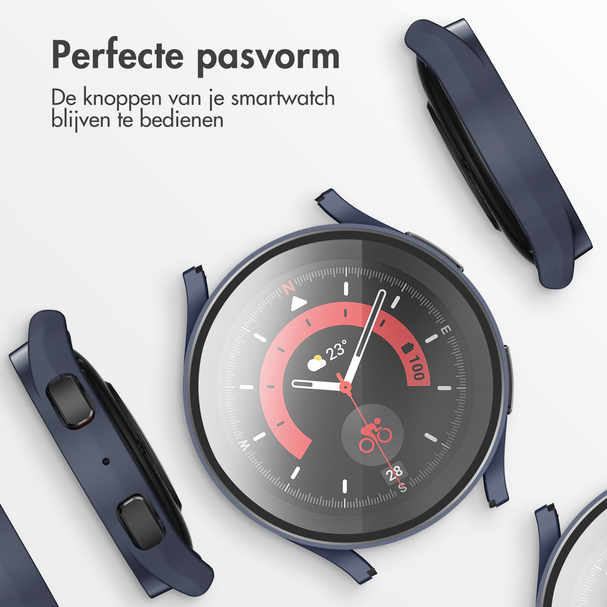 Smartwatch met marineblauwe covers. Het horloge toont een rode en witte wijzerplaat, covercomponenten eromheen.