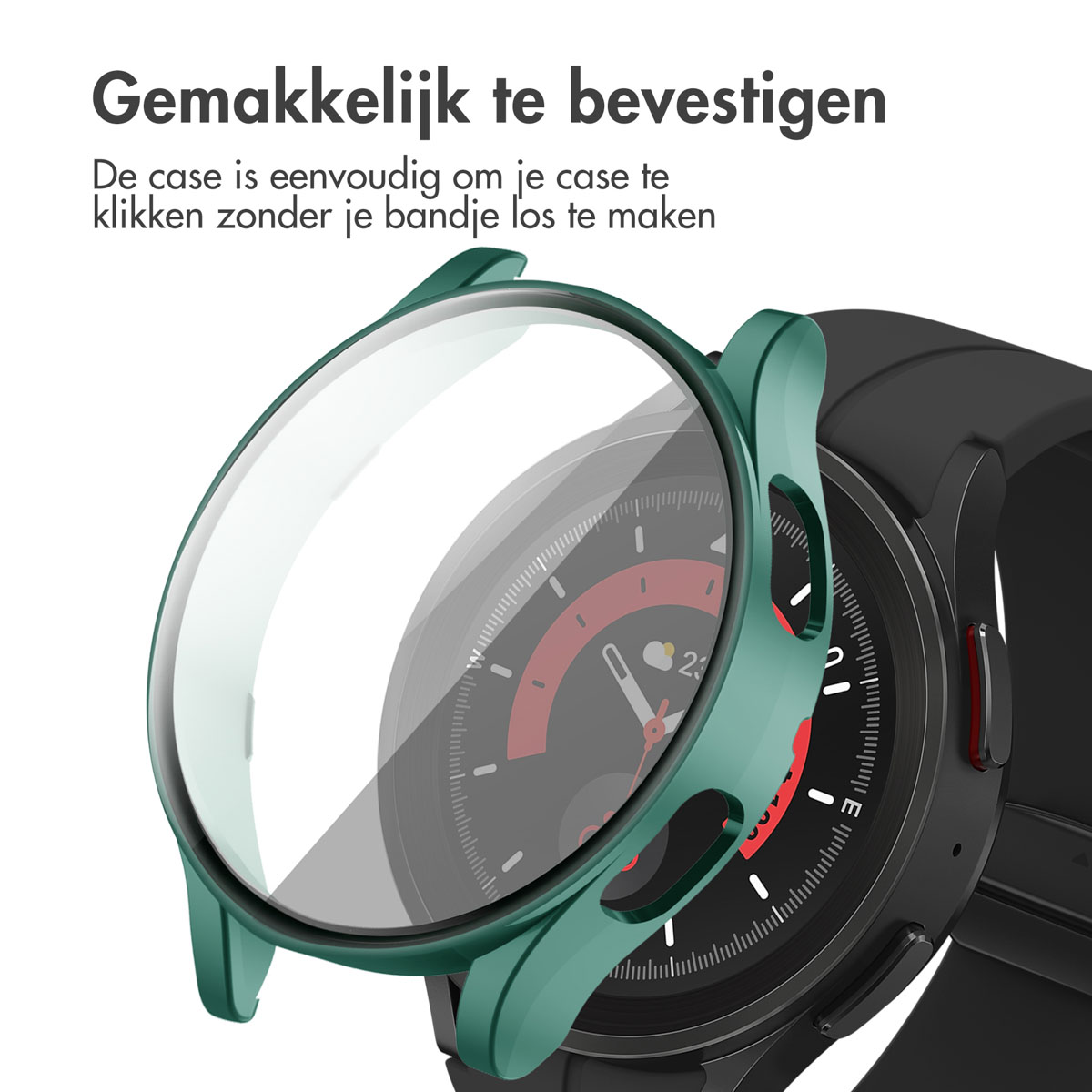 Groene horlogekast op een zwart horloge. Tekst geeft aan dat het gemakkelijk te bevestigen is.