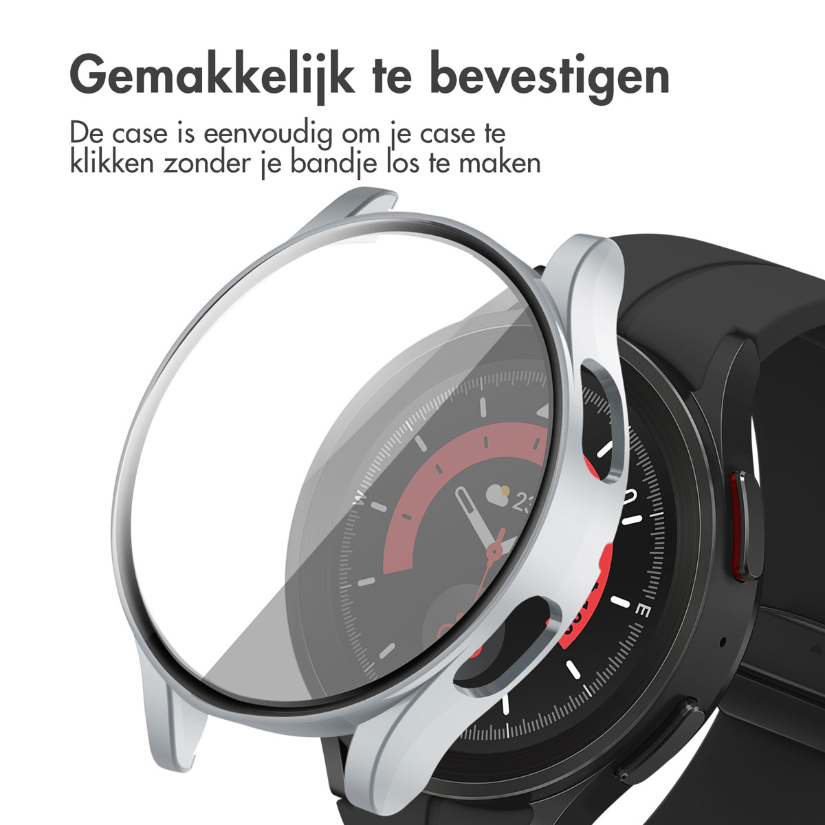 Zilveren horlogekast op een zwart horloge, tekst: gemakkelijk te bevestigen.