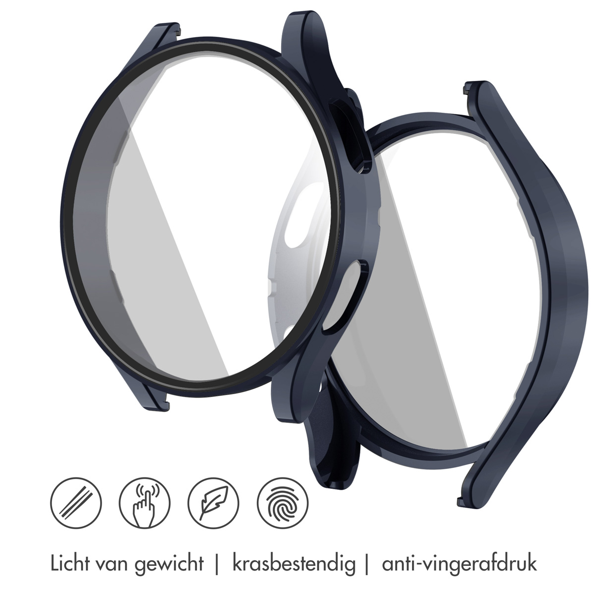 Donkerblauwe horlogebeschermer, twee delen, apart weergegeven. Kenmerken: lichtgewicht, krasbestendig, vingerafdrukbestendig.