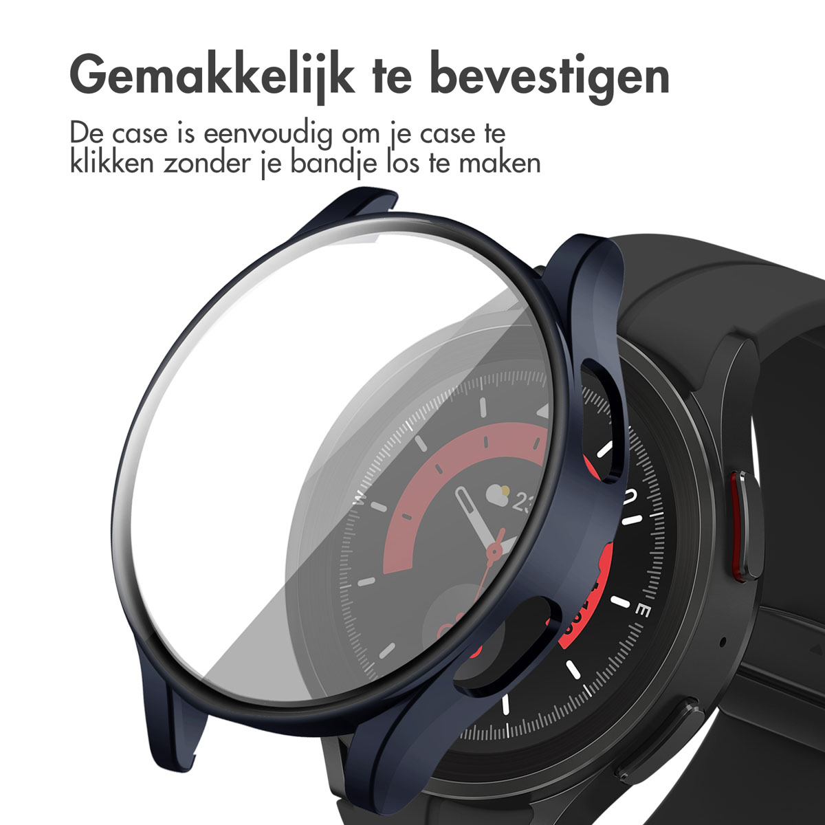 Zwarte smartwatch met beschermhoes wordt bevestigd. Tekst: Gemakkelijk te bevestigen.