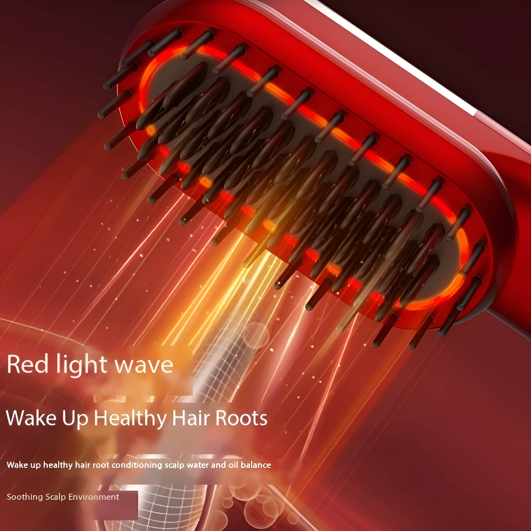 Rotes Haarmassagegerät mit roten Lichtwellen. Text: Wake Up Healthy Hair Roots.