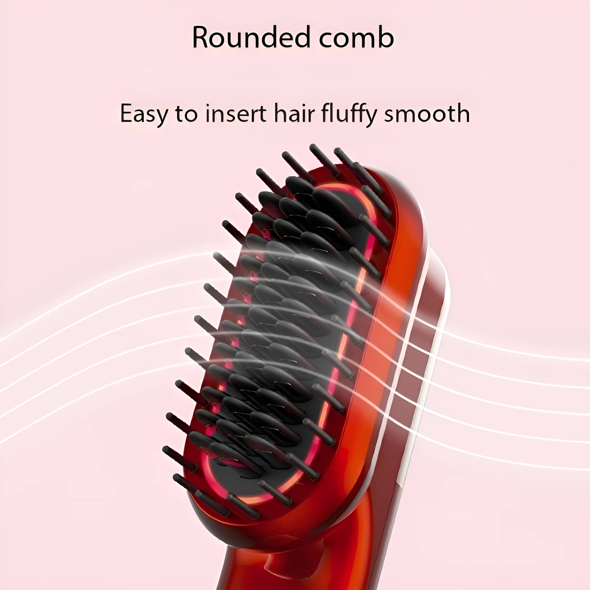 Eine rot-schwarze Haarbürste mit schwarzen Borsten. Der Hintergrund ist ein rosa Farbverlauf mit weißen Linien.