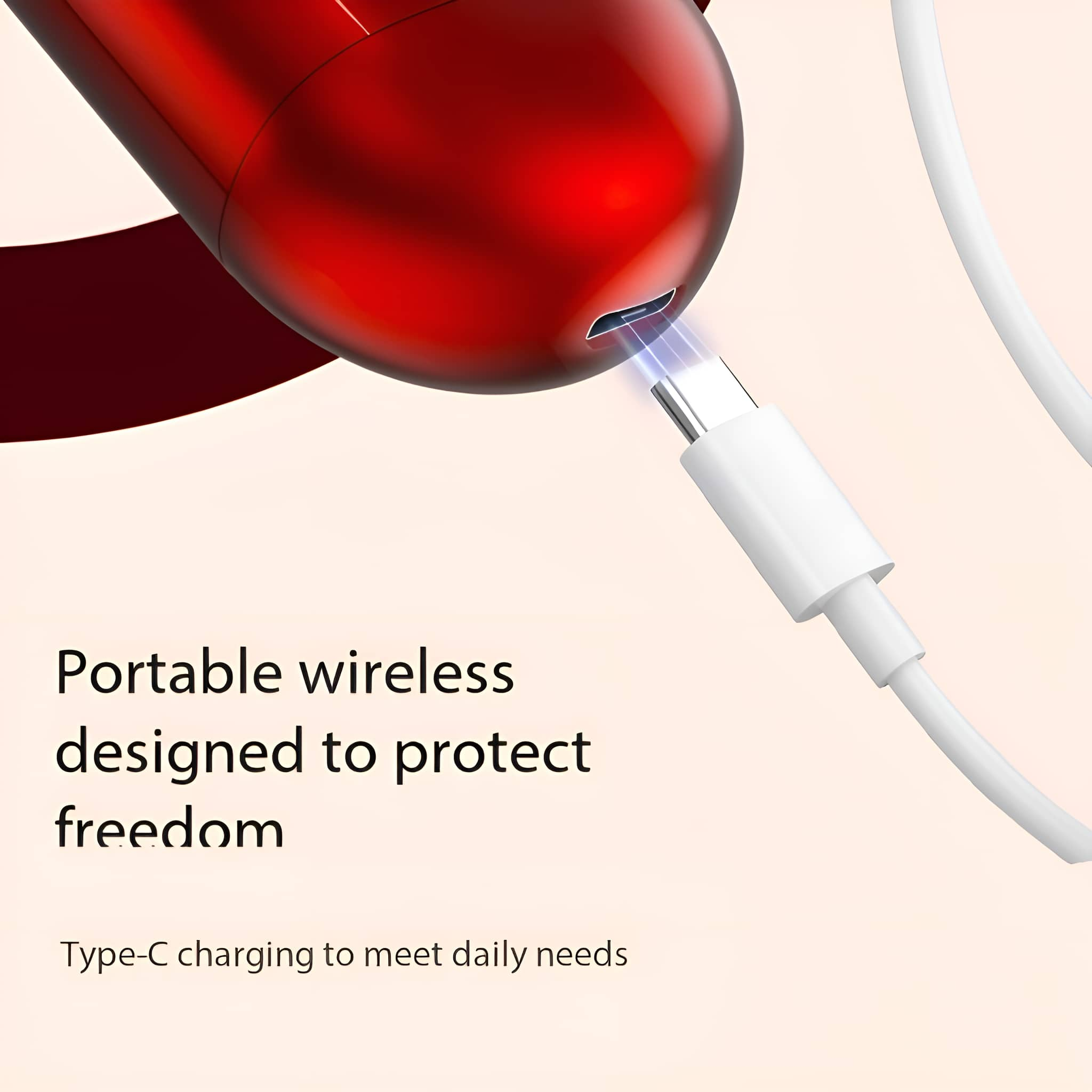 Roter Ohrhörer, der mit einem weißen Kabel aufgeladen wird. Text: Tragbares kabelloses Design zum Schutz der Freiheit.