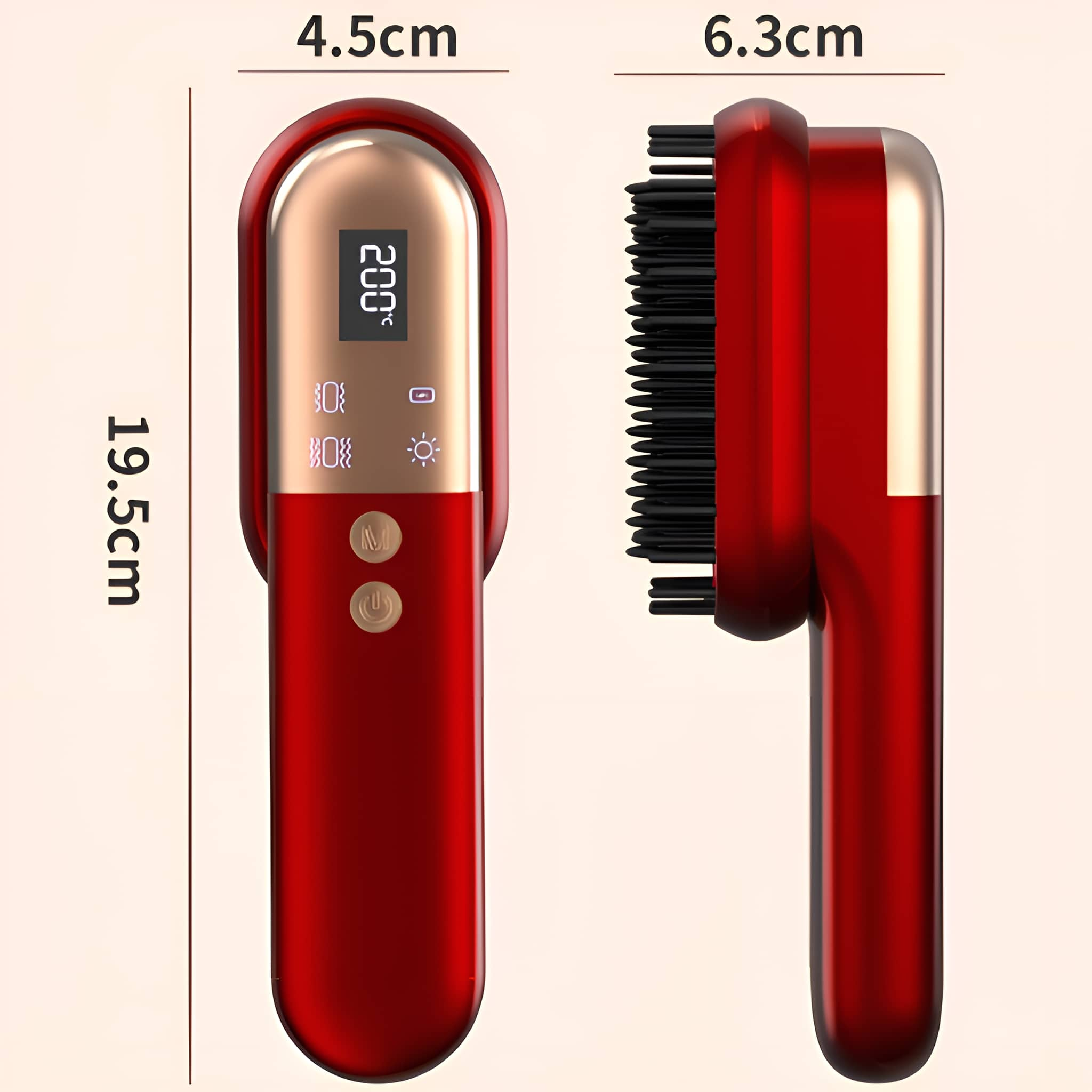 Roter Haarglättungskamm. Zeigt Temperatur und Einstellungen. Abmessungen sind sichtbar.