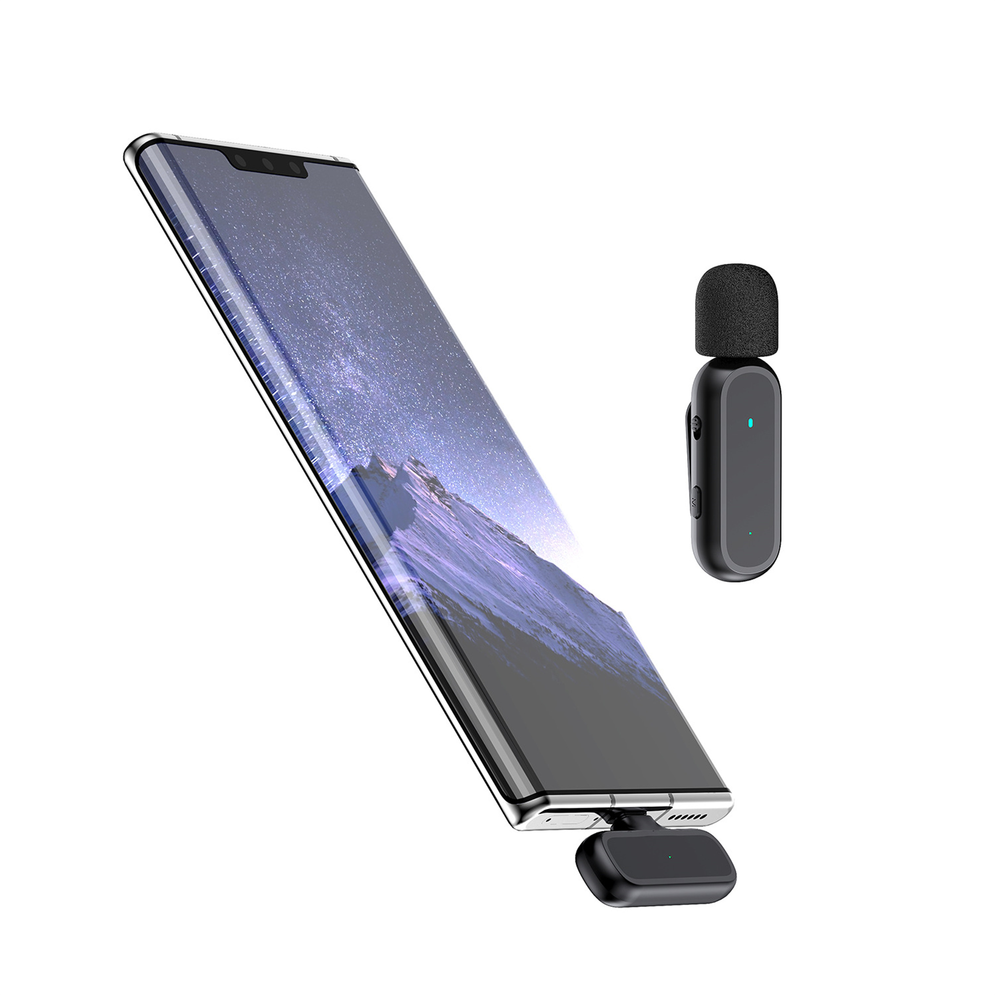 Kabelloses Mikrofon und Telefon. Mikrofon ist schwarz, Telefon ist silber und schwarz.