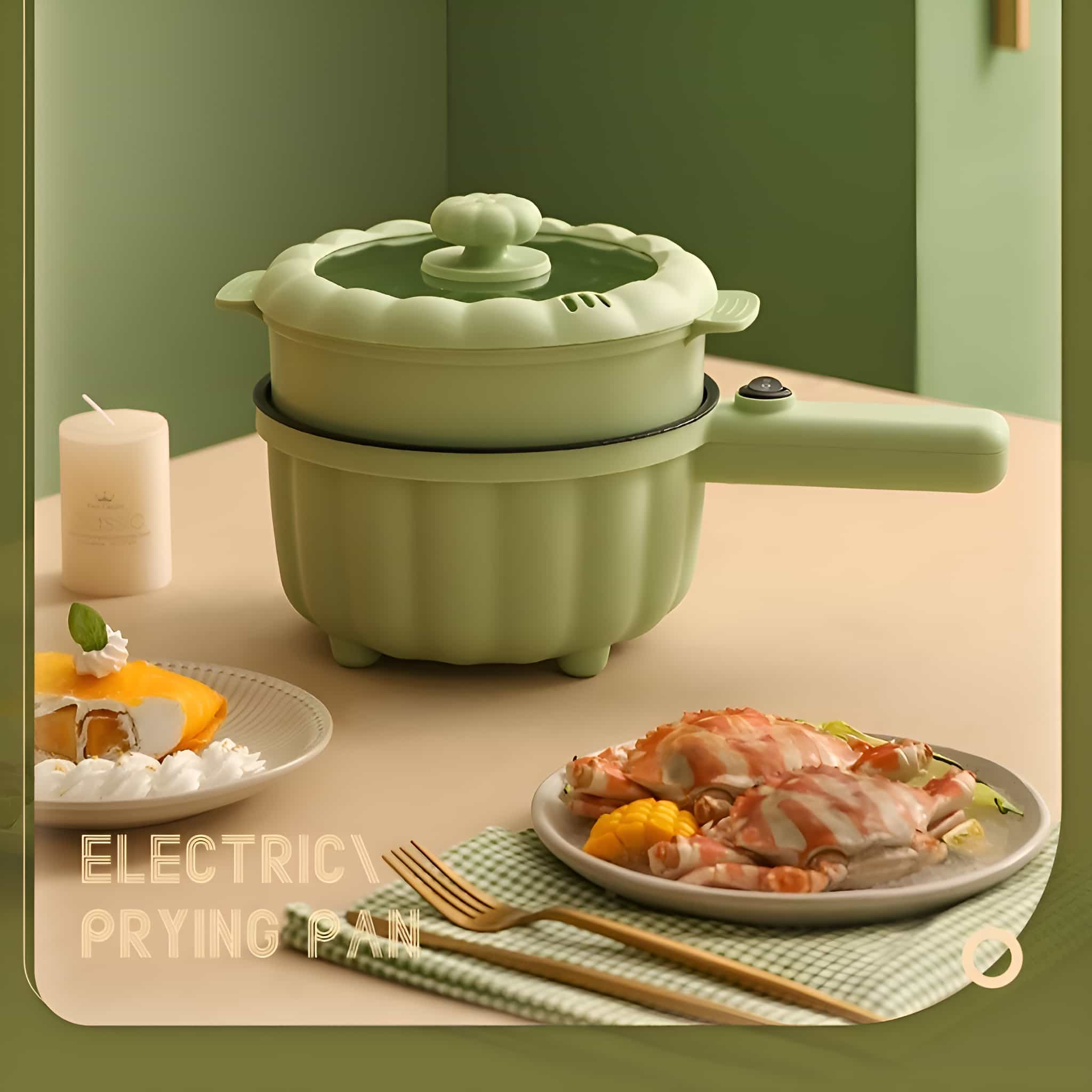 Eine grüne elektrische Bratpfanne mit Topf und Krabben auf einem Teller. Es gibt auch Beilagen.