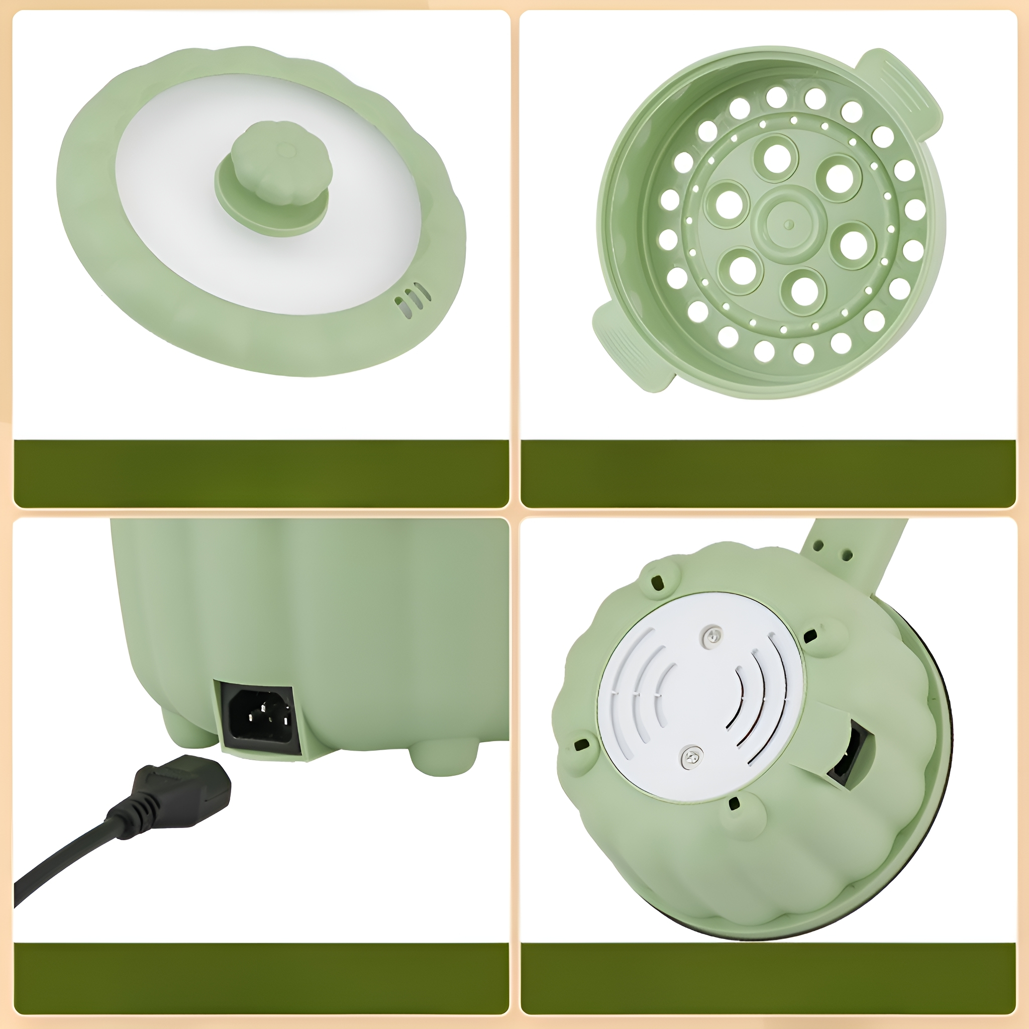 Vier Ansichten eines grünen Elektrokochers mit Deckel, Dampfgarer, Gehäuse und Stecker.