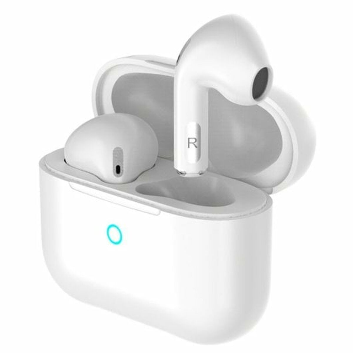 Auricolari bianchi in una custodia di ricarica, con una luce blu.