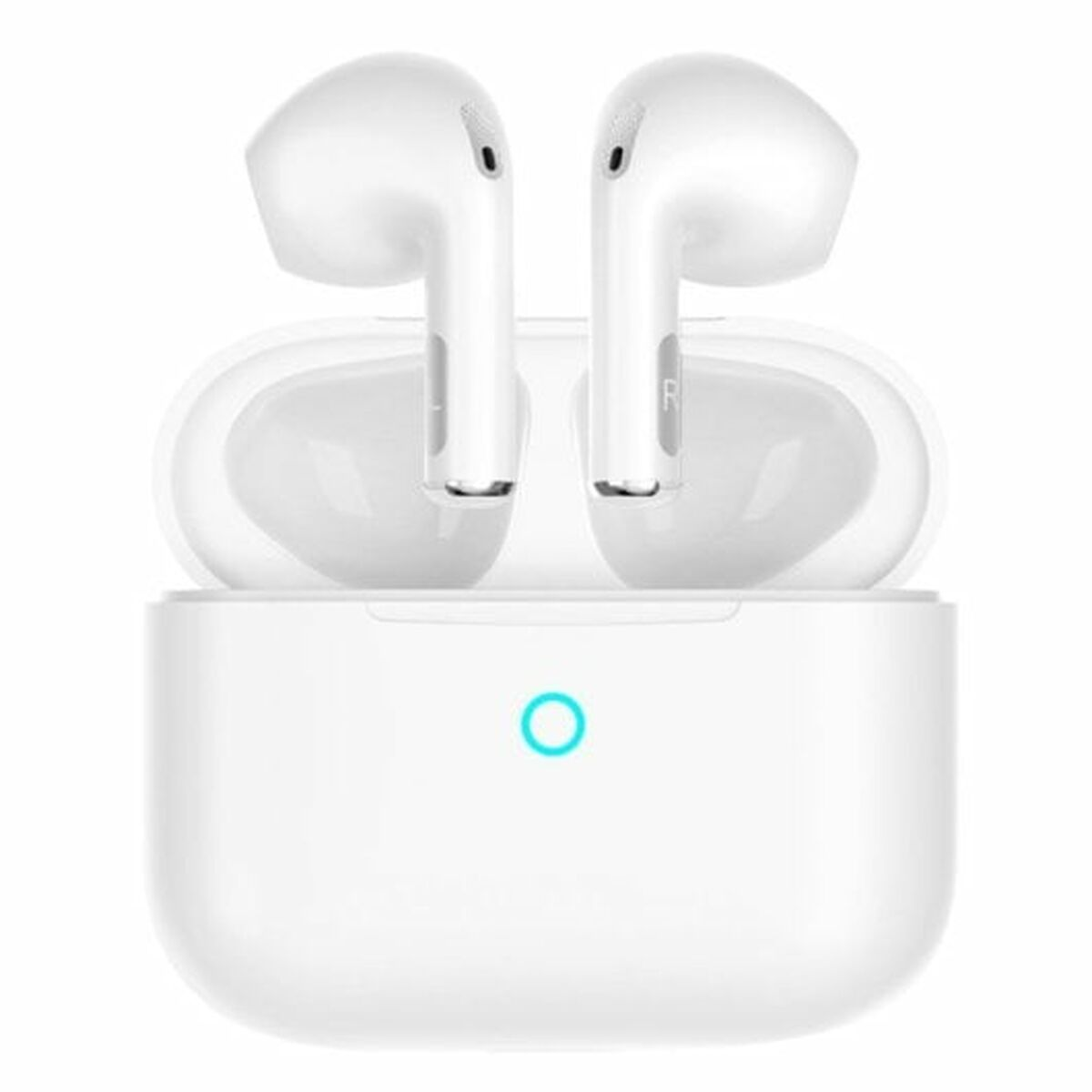 Auricolari wireless bianchi in una custodia di ricarica bianca. Una spia blu brilla sulla custodia.