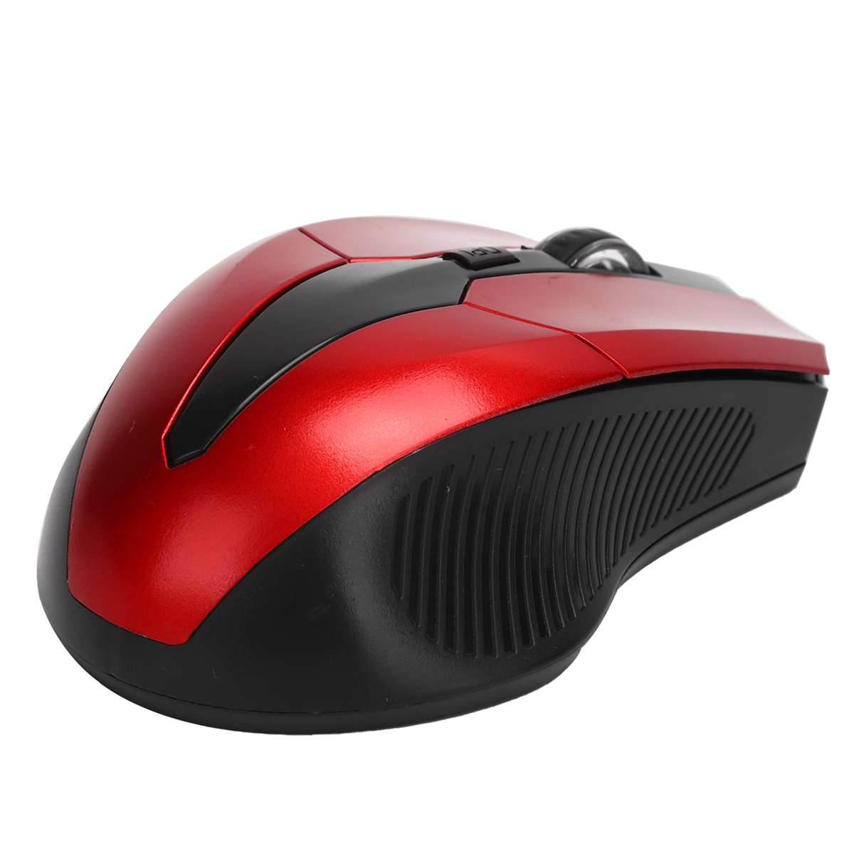 Rote und schwarze kabellose Maus. Die Maus hat ein Scrollrad und zwei Tasten oben.