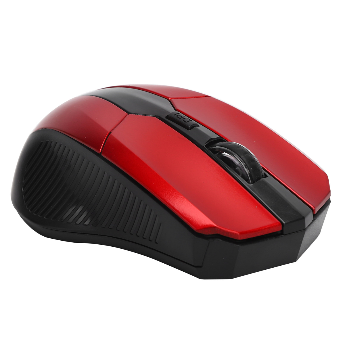 Rote und schwarze kabellose Maus mit Scrollrad, auf weißem Hintergrund.