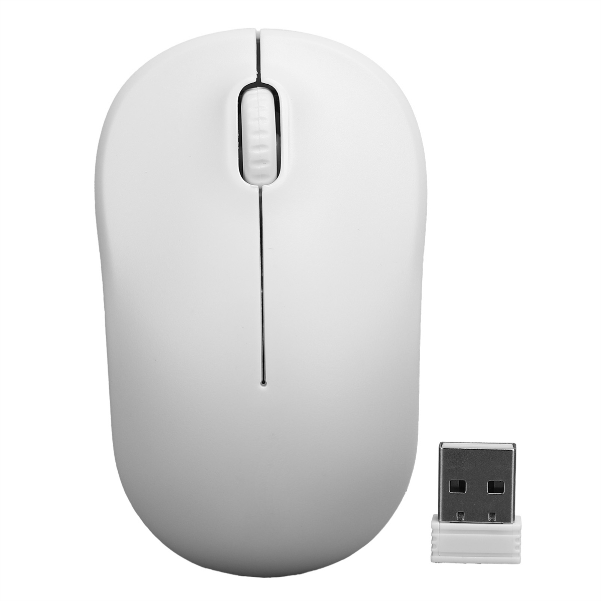Weiße kabellose Maus mit USB-Empfänger. Sie hat ein Scrollrad und eine linke Maustaste.