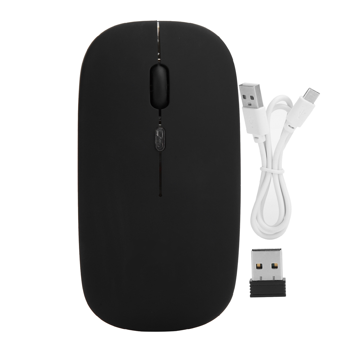 Schwarze kabellose Maus, Scrollrad, USB-Empfänger und Ladekabel. Weißer Hintergrund.