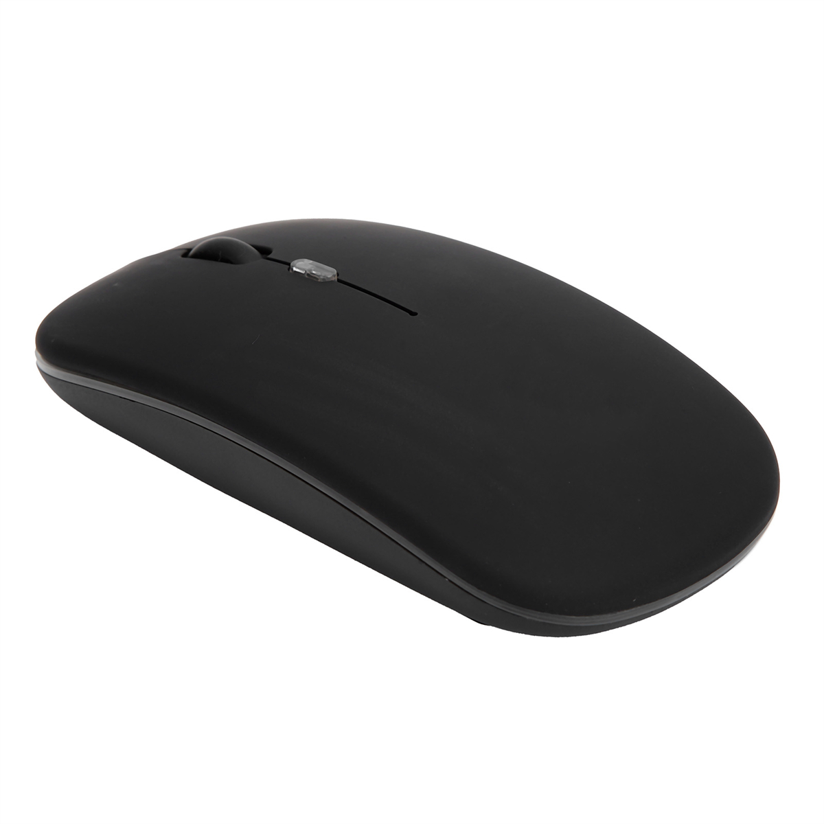 Schwarze kabellose Computermaus, Draufsicht. Sie hat ein Scrollrad und ein schlichtes Design.