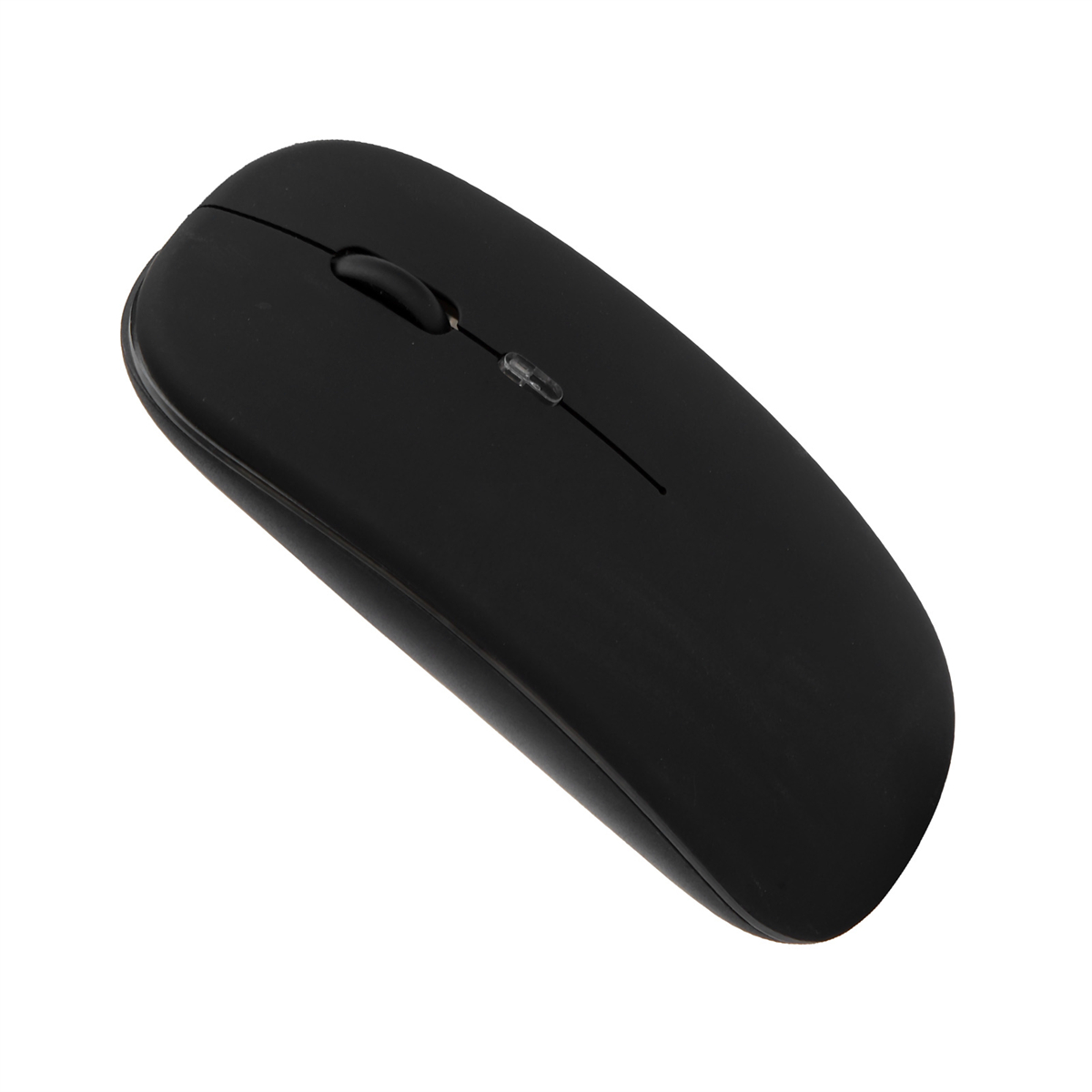 Schwarze kabellose Maus, Draufsicht. Ovales Design mit Scrollrad und Tasten. Isoliert weiß.