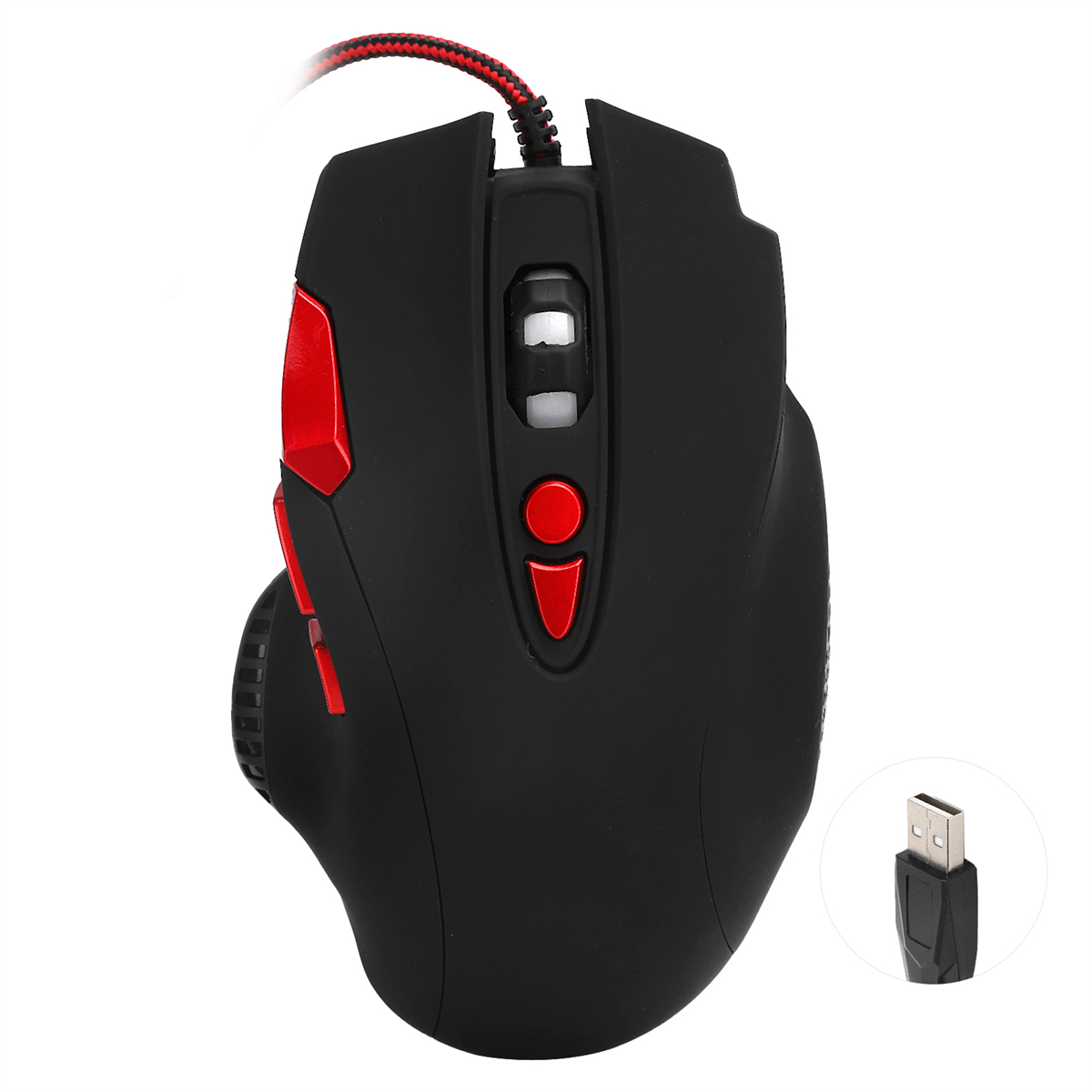 Schwarze Gaming-Maus mit roten Akzenten und USB-Anschluss. Hat mehrere Tasten und ein Scrollrad.