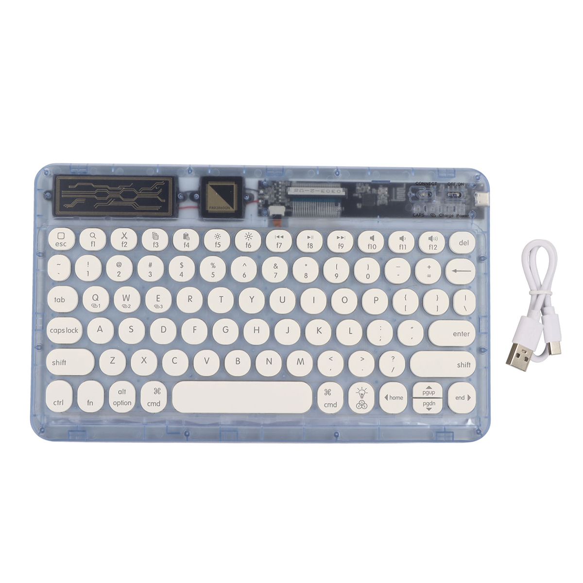 Blaue transparente Tastatur mit weißen Tasten und einem USB-Kabel. Schwarz und weiße Tasten.