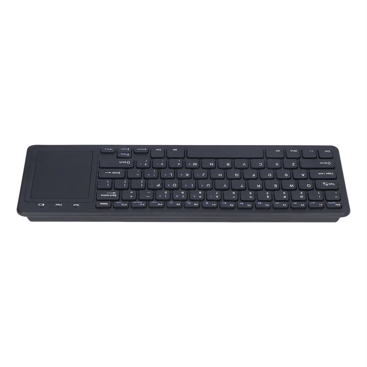 Eine schwarze, kabellose Tastatur mit Touchpad wird auf weißem Hintergrund gezeigt. Die Tasten sind beschriftet.