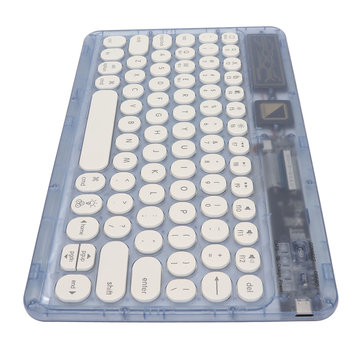 Eine transparente blaue kabellose Tastatur mit weißen Tasten. Die Tastatur hat eine rechteckige Form mit abgerundeten Ecken.