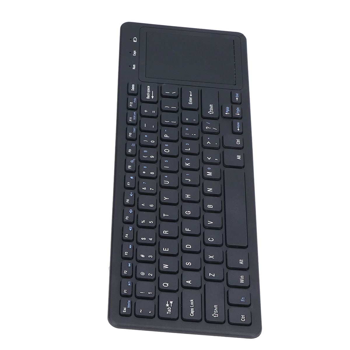 Schwarze Tastatur mit Touchpad. Tasten sind mit Buchstaben, Zahlen und Symbolen beschriftet.