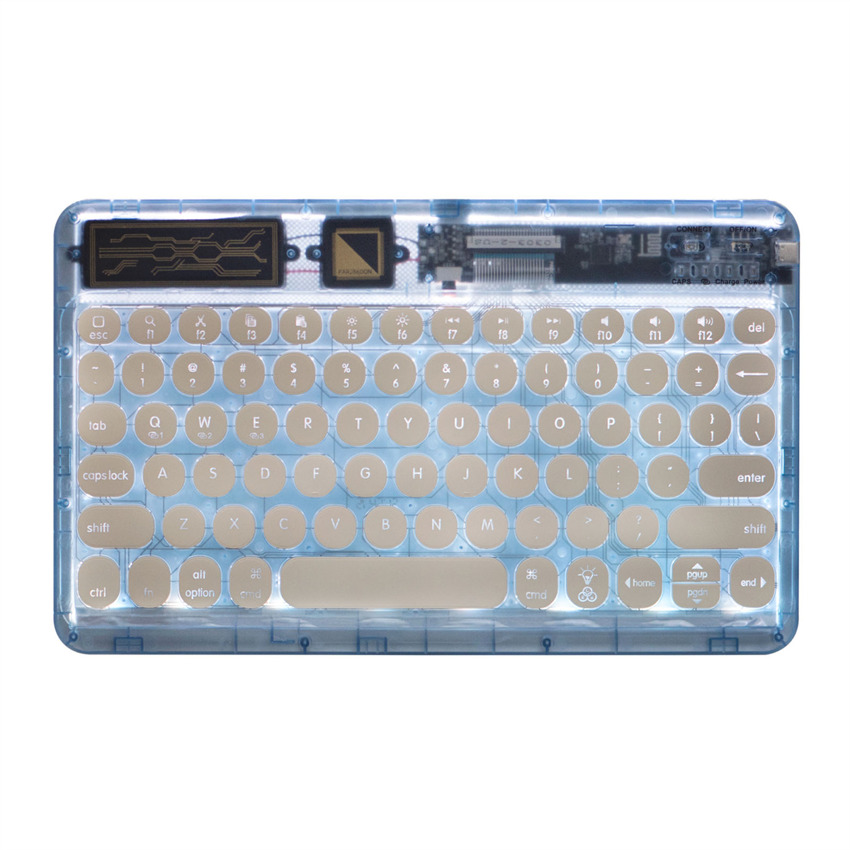 Eine transparente, leuchtende Tastatur mit weißen Tasten und blauem Leuchten.