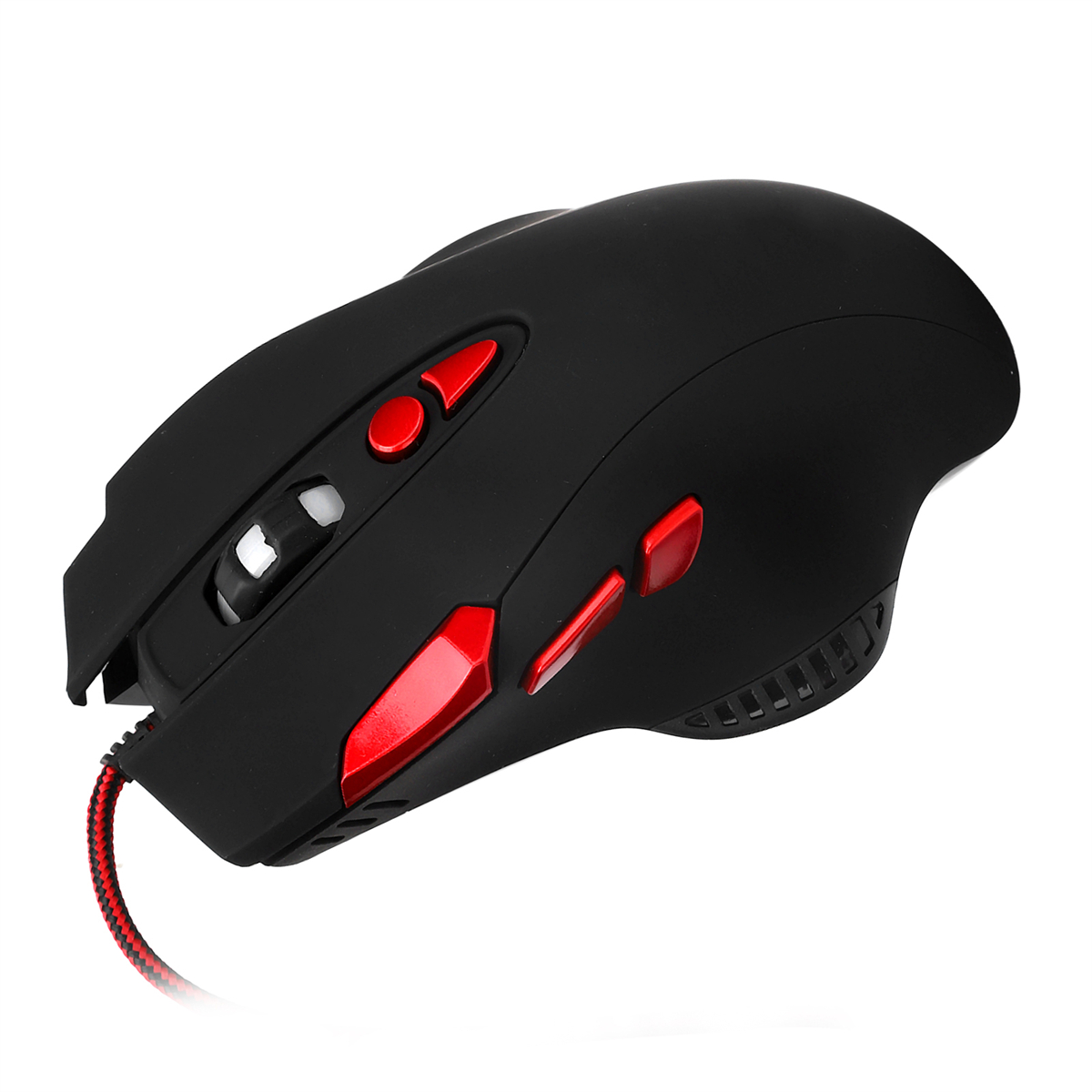 Schwarze Gaming-Maus mit roten Knöpfen und Akzenten auf weißem Hintergrund.