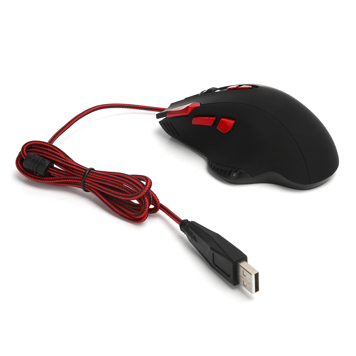 Eine schwarze Gaming-Maus mit roten Tasten, verbunden mit einem rot-schwarzen Kabel.