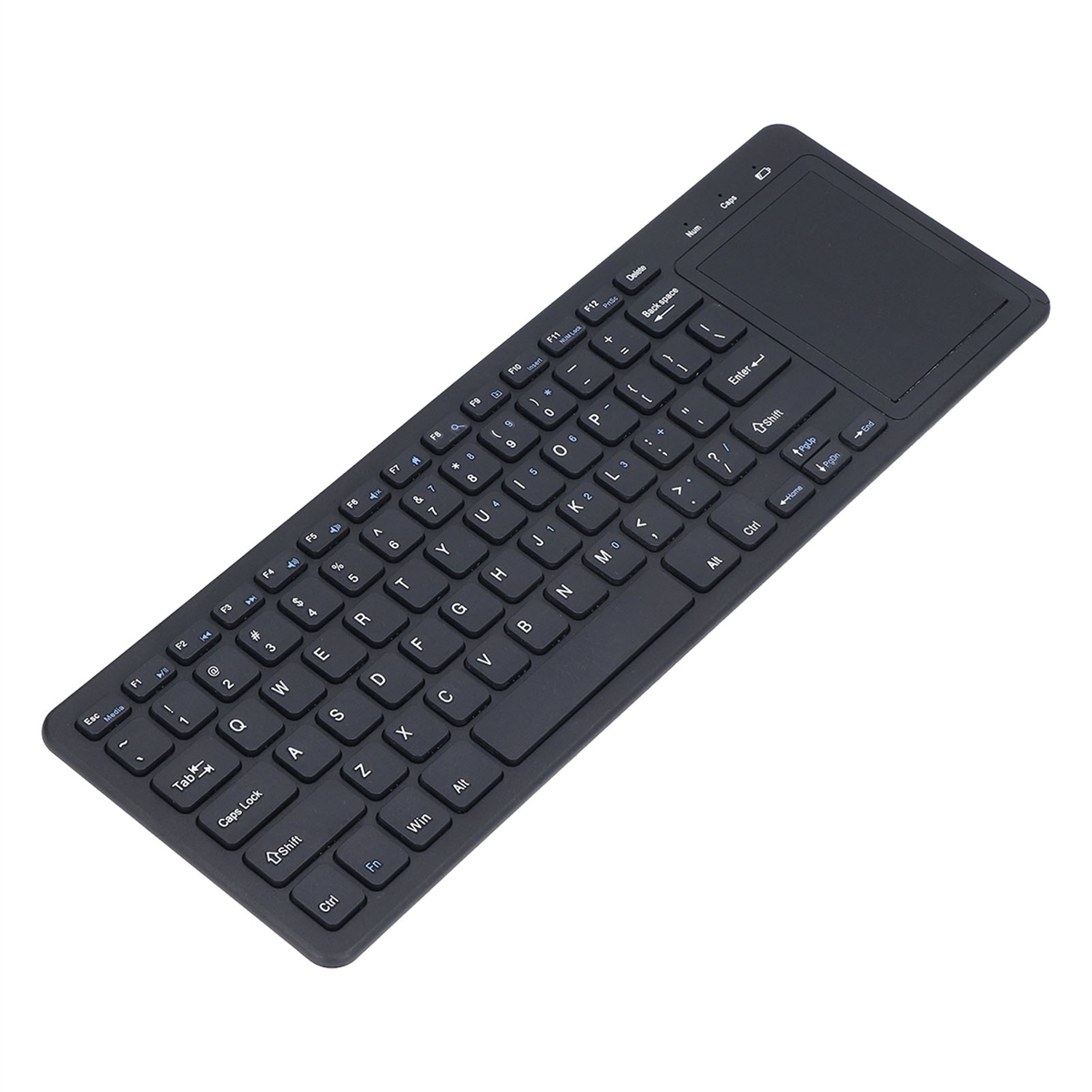 Schwarze schlanke Tastatur mit Touchpad. Weißer Hintergrund, Draufsicht.