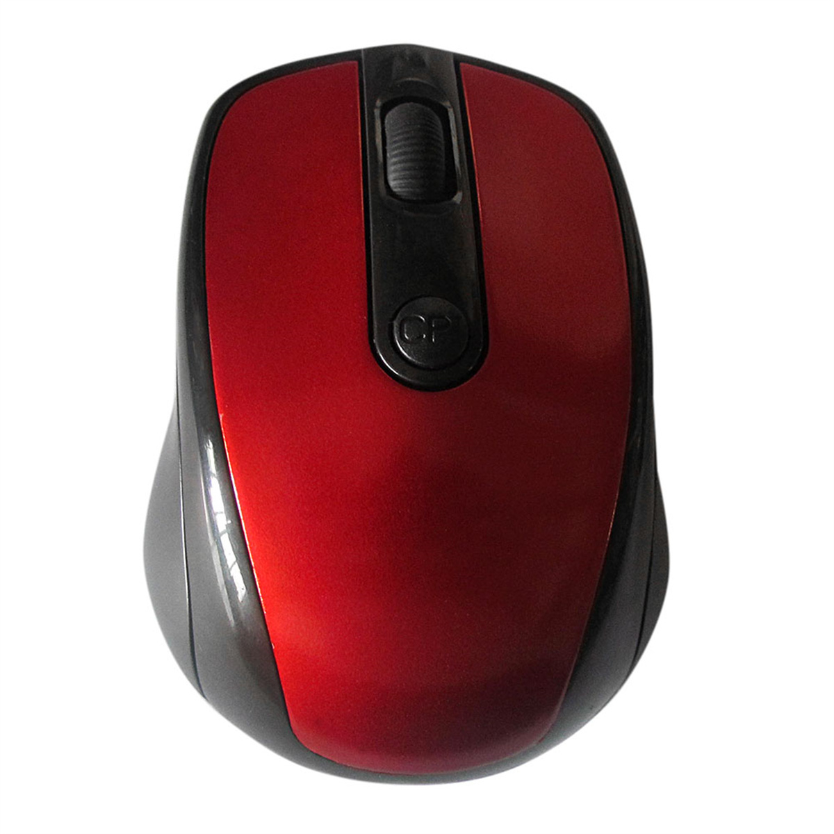 Eine rot-schwarze kabellose Computermaus. Das Scrollrad ist schwarz und der Körper hat eine rote Oberseite.