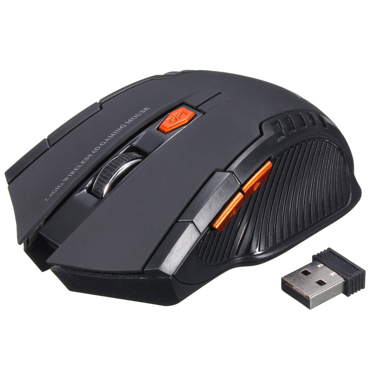 Schwarze drahtlose Gaming-Maus mit orangefarbenen Akzenten und USB-Empfänger.