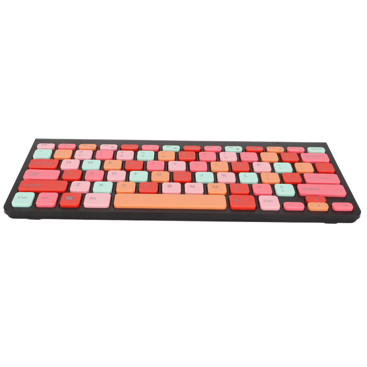 Eine bunte Tastatur mit Tasten in verschiedenen Rosa-, Orange- und Grüntönen auf weißem Hintergrund.