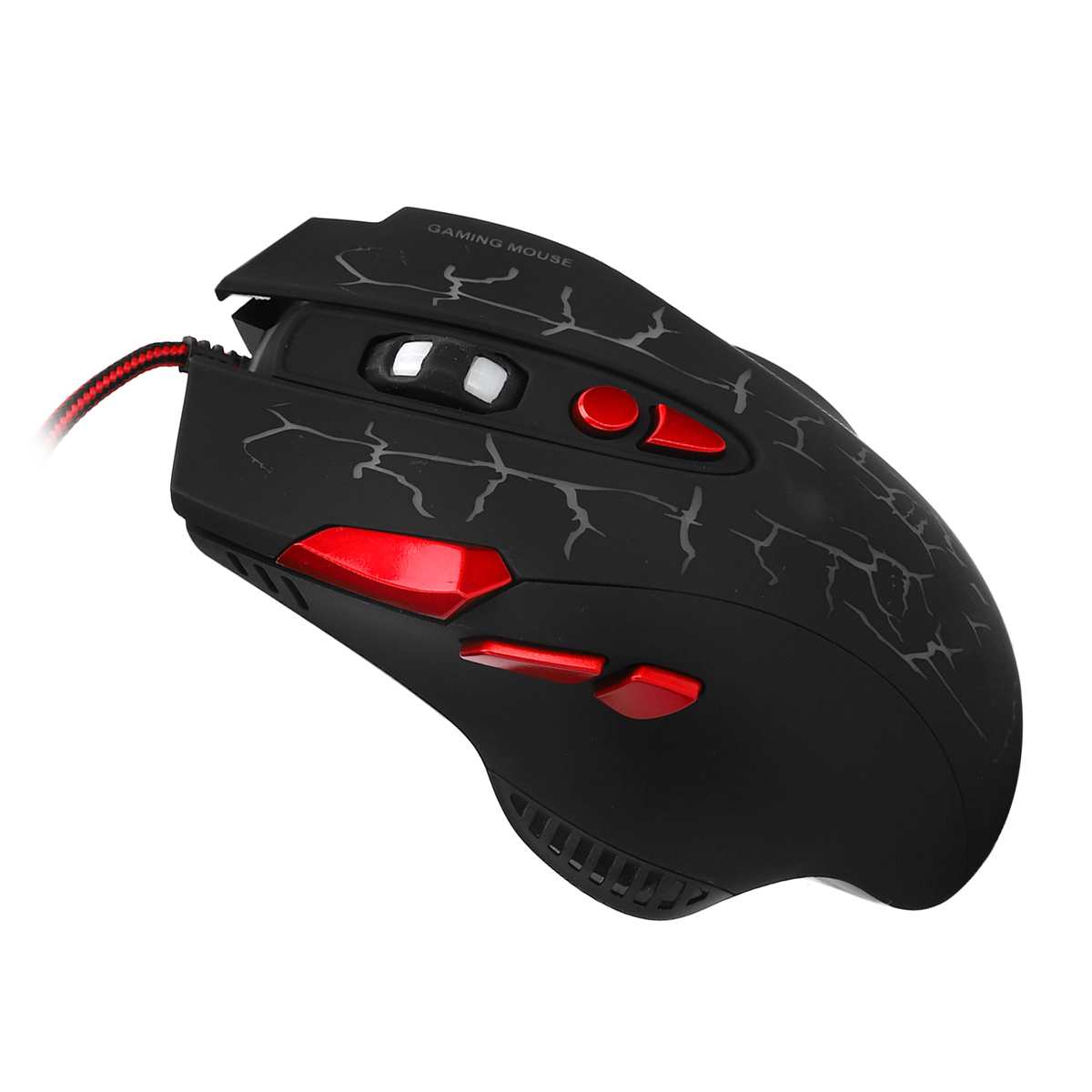 Eine schwarze Gaming-Maus mit roten Tasten und einem Riss-Design.