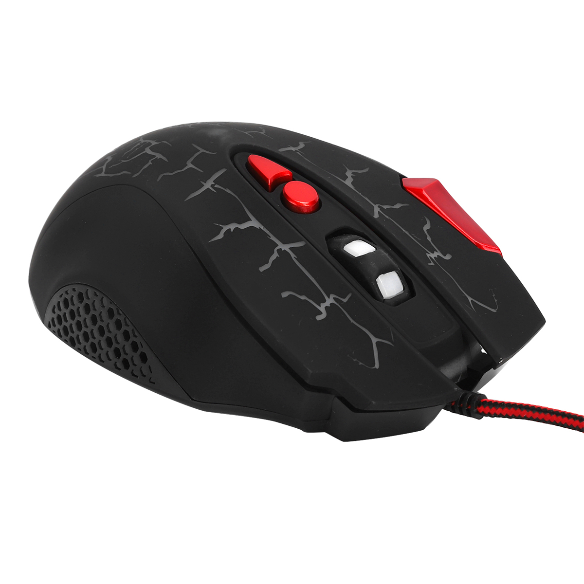 Schwarze Gaming-Maus mit roten Akzenten, Seitentasten und gemustertem Design.