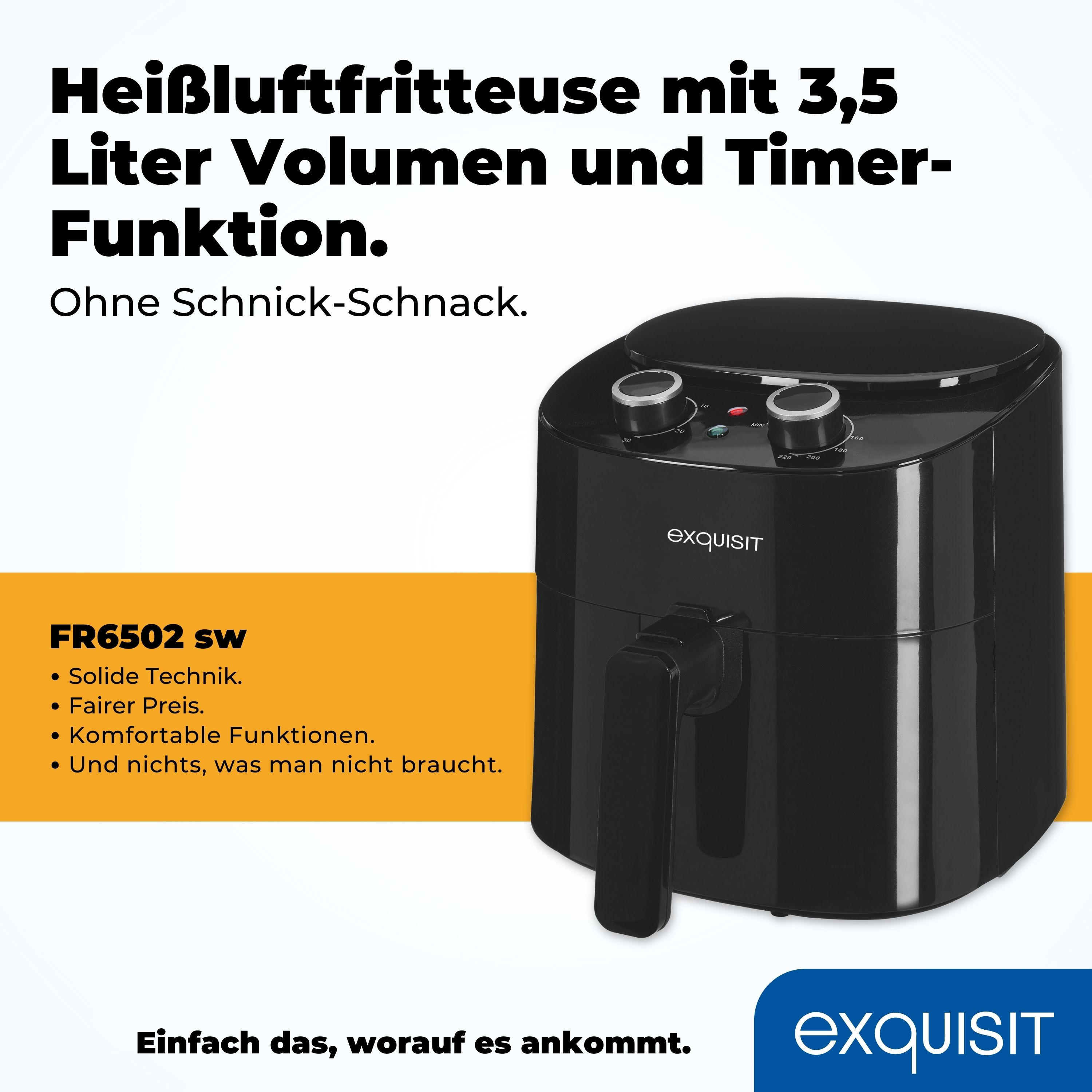 Eine schwarze Heißluftfritteuse mit Griff und zwei Drehreglern. Text auf Deutsch, Englisch und blaues Logo rechts.