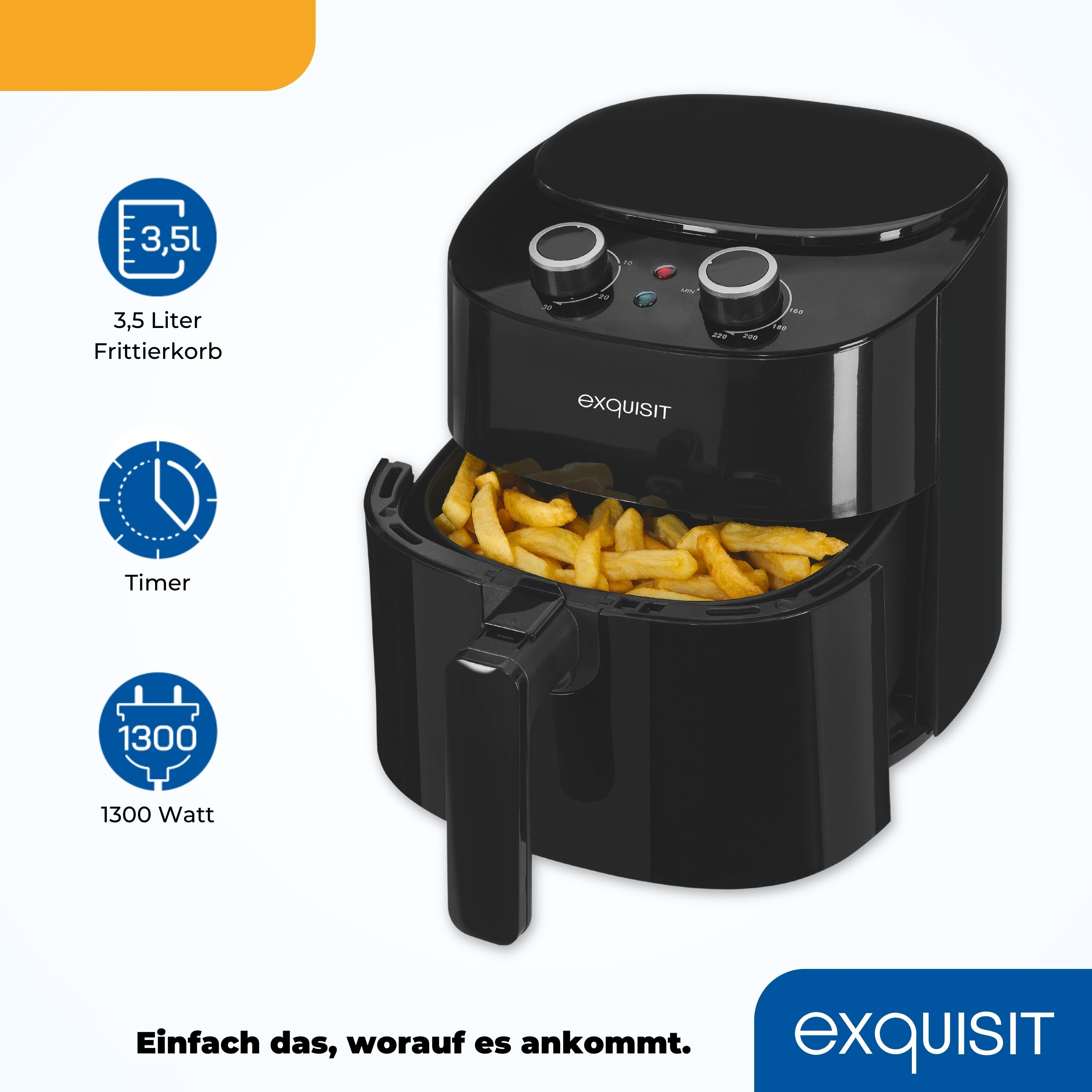 Eine schwarze Heißluftfritteuse mit Pommes im Korb. Text und Symbole sind sichtbar.