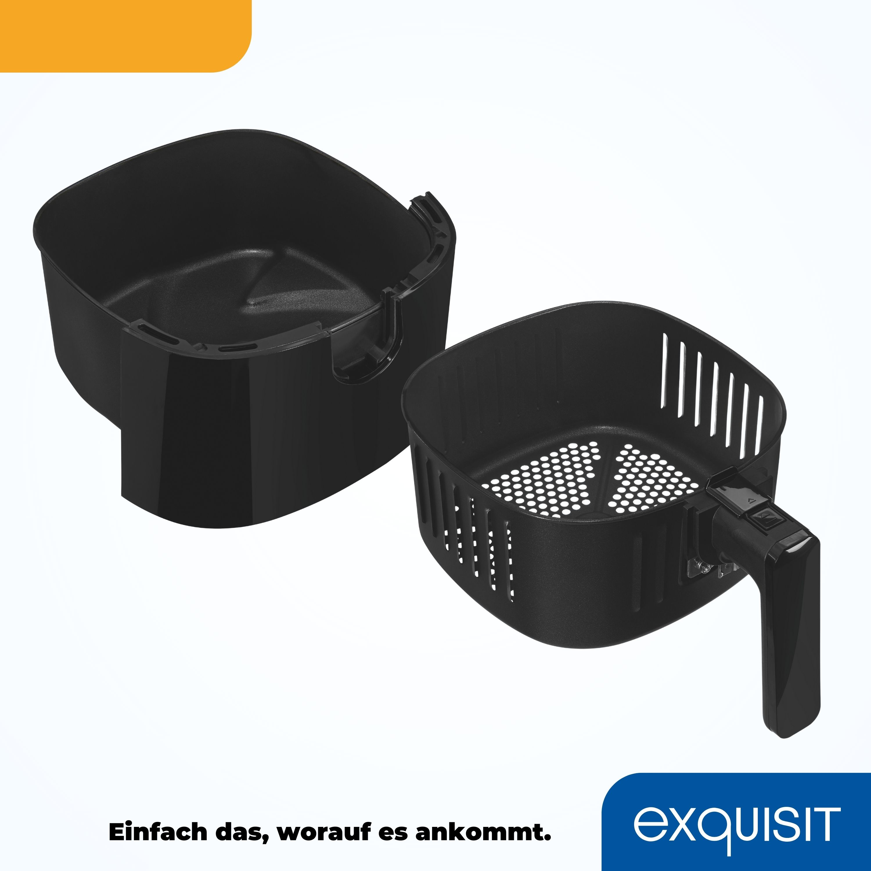 Schwarzer Fritteusenkorb mit Griff, offen, Innenansicht. Weißer Text unten.