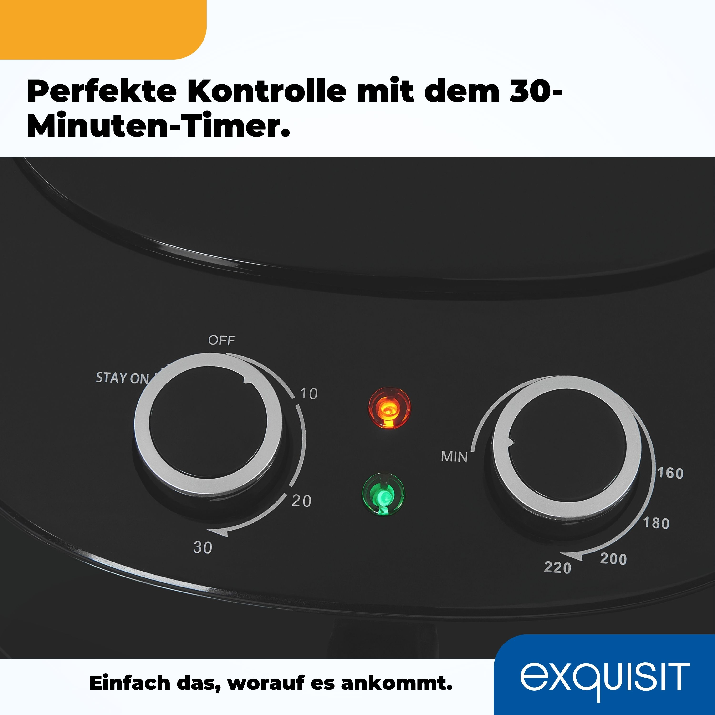 Ein schwarzes Bedienfeld mit zwei Drehreglern und Kontrollleuchten. Der Text zeigt einen 30-Minuten-Timer an.