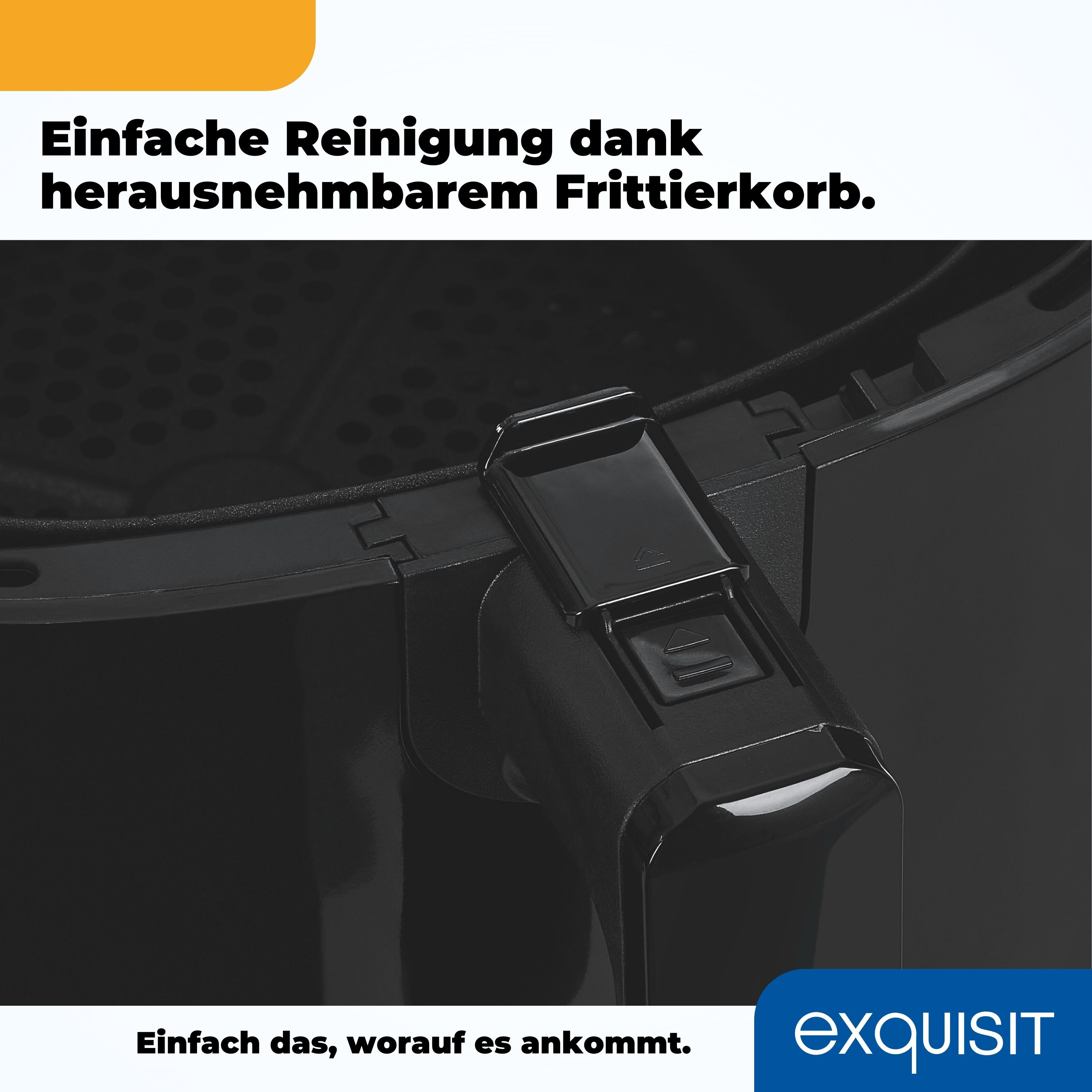 Nahaufnahme eines schwarzen Luftfritteuse, mit Griff und Entriegelungsknopf, der den Korb zeigt.