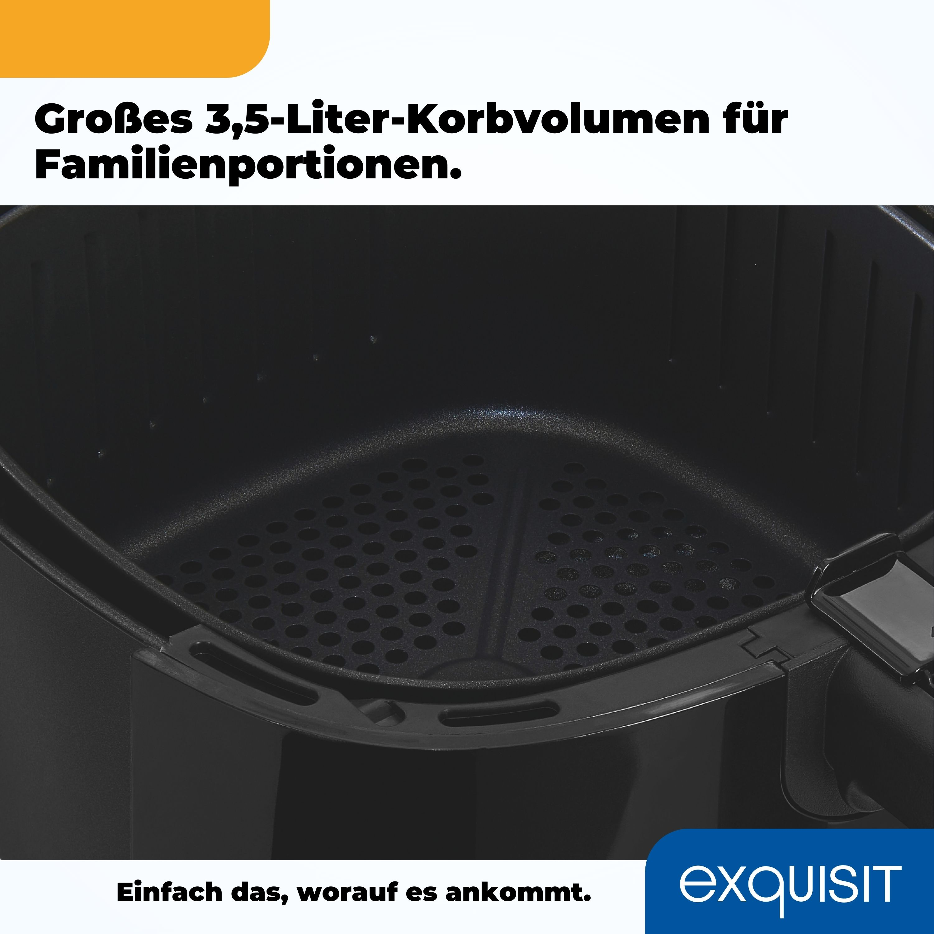 Nahaufnahme eines schwarzen Airfryer-Korbs mit Text.