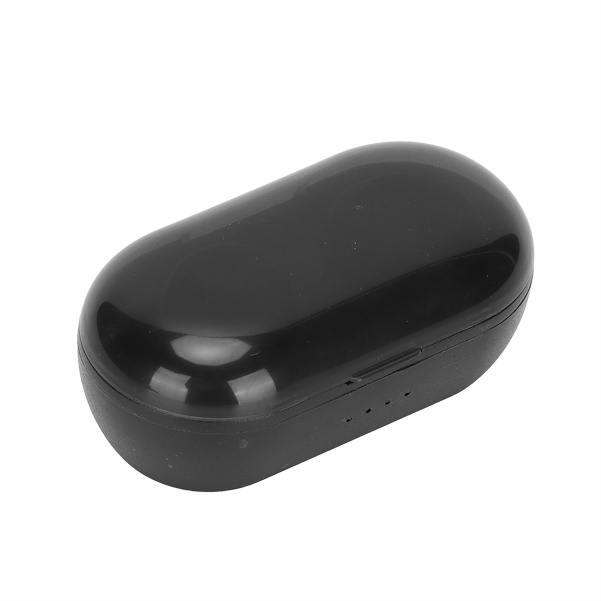 Schwarzes, glänzendes, oval geformtes Ohrhörer-Etui. Das Etui ist geschlossen und hat kleine Kontrollleuchten.