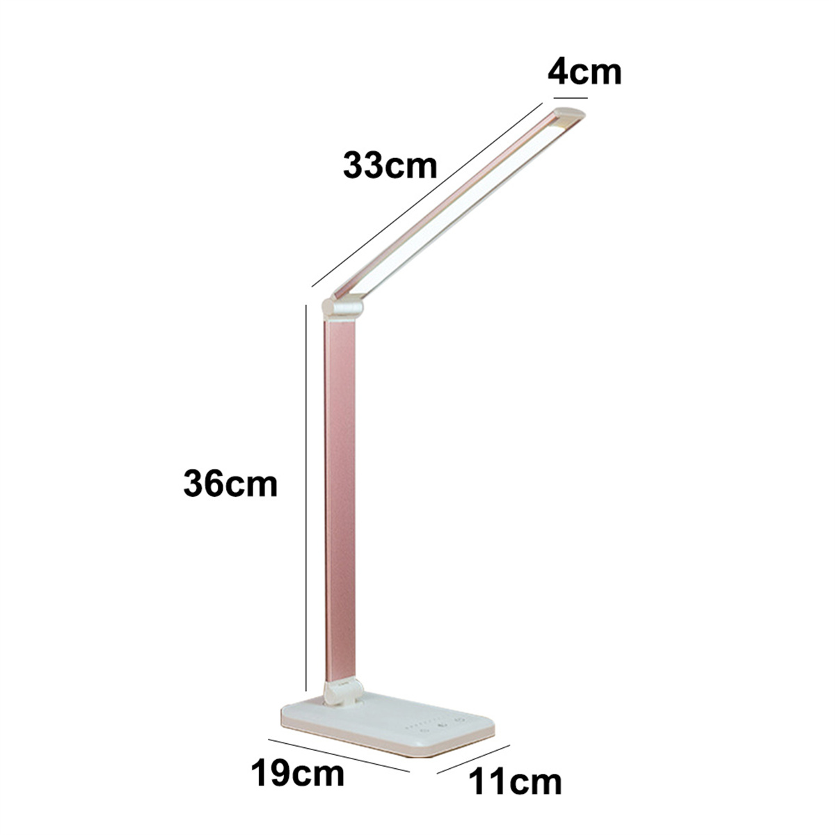 Eine rosa-weiße Schreibtischlampe mit Maßen. Der Hintergrund ist eine schlichte weiße Oberfläche.