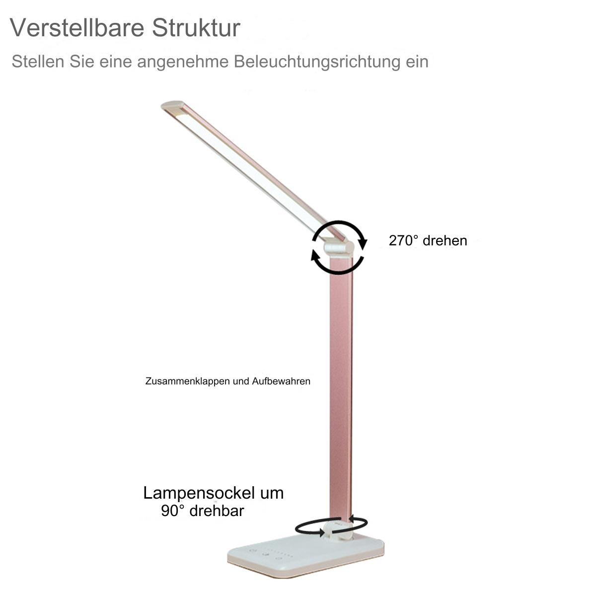 Eine rosa, verstellbare Schreibtischlampe. Die Lampe hat einen flexiblen Hals und einen Sockel mit Bedienelementen. Die Lampe ist weiß.
