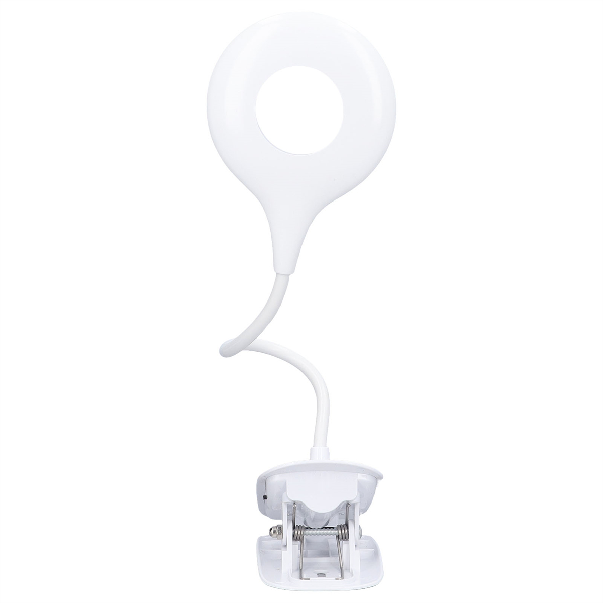 Weiße Schreibtischlampe, flexibler Schwanenhals und Clipfuß. Kreisförmiges Licht oben.