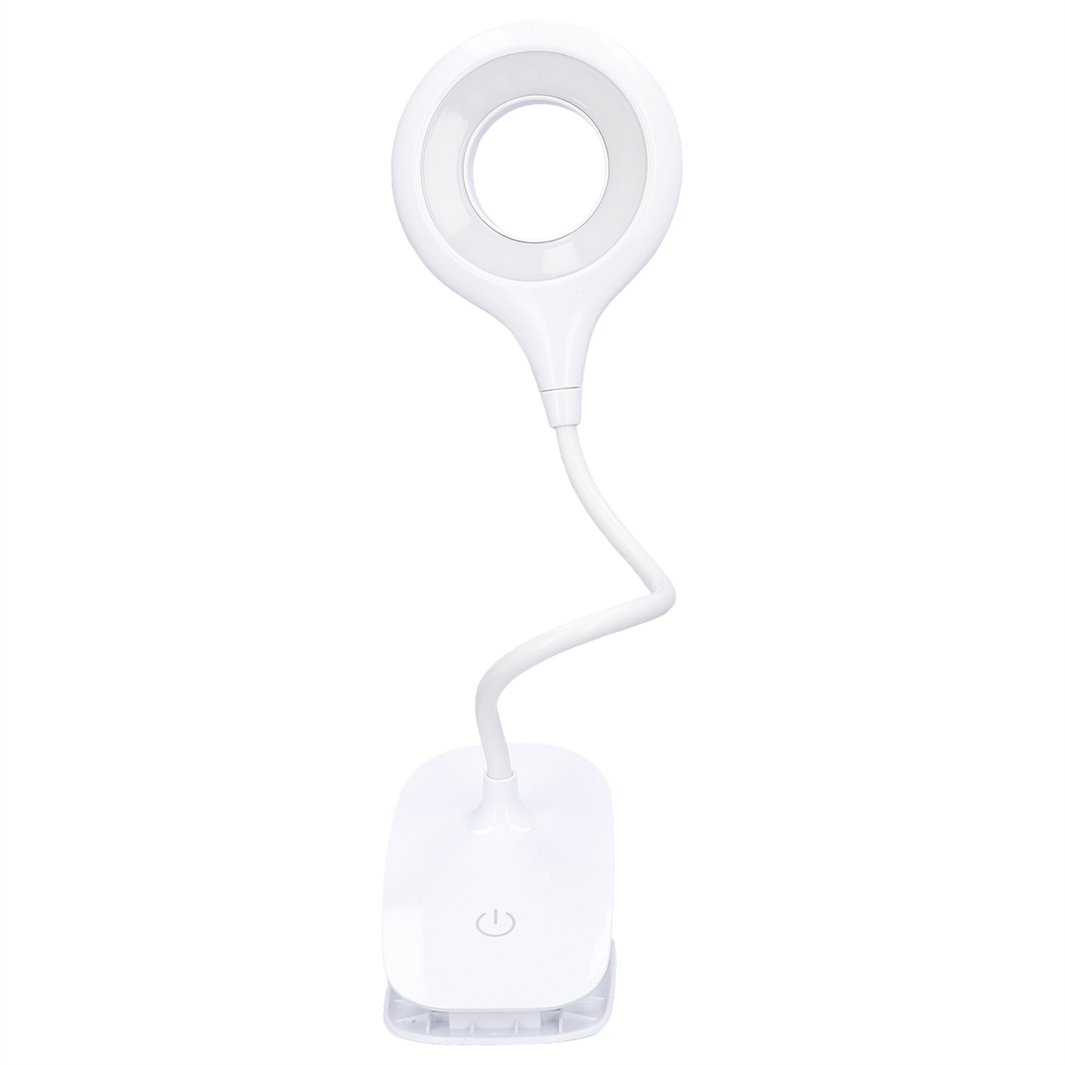 Weiße Schreibtischlampe mit Ringlicht und flexiblem Hals, an einem Clip-On-Sockel befestigt.